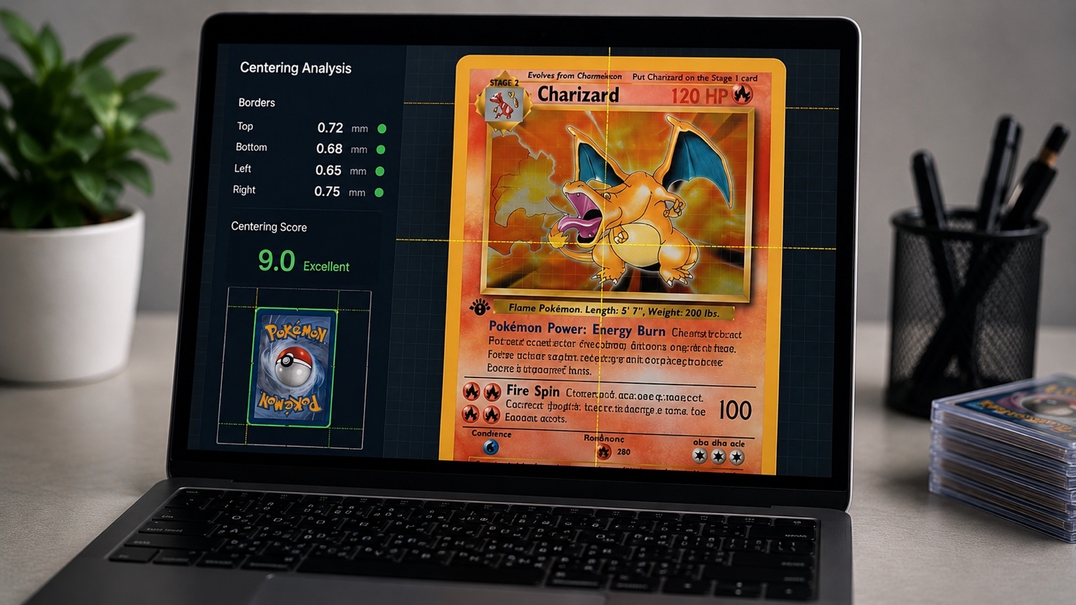 AI analýza centeringu Pokémon karty na obrazovce