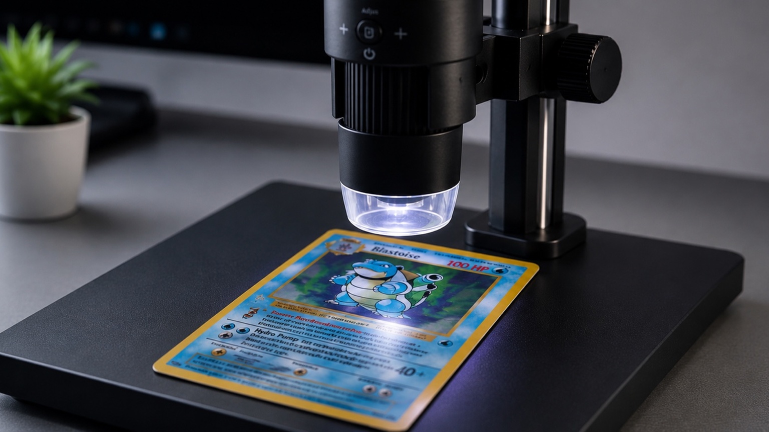 Digitální mikroskop kontrolující Pokémon kartu
